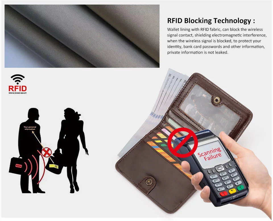 100% Genuine Leather Men's Wallet RFID Blocking Bifold Wallets with RFID Card Slots Thin Male Zipper Coin Purse Money Clip