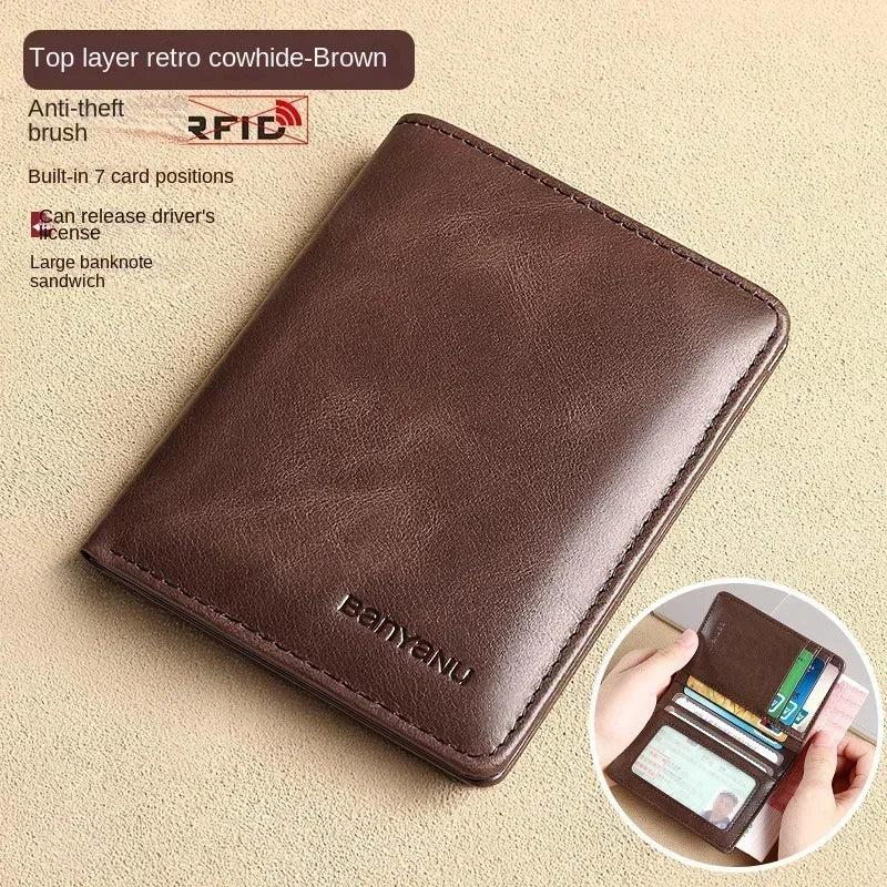 Men's Blue Money Bag Genuine Leather Rfid Wallet for Men Slim Vertical Wallets Black Thin Short ID Credit Card Holder Minimalist