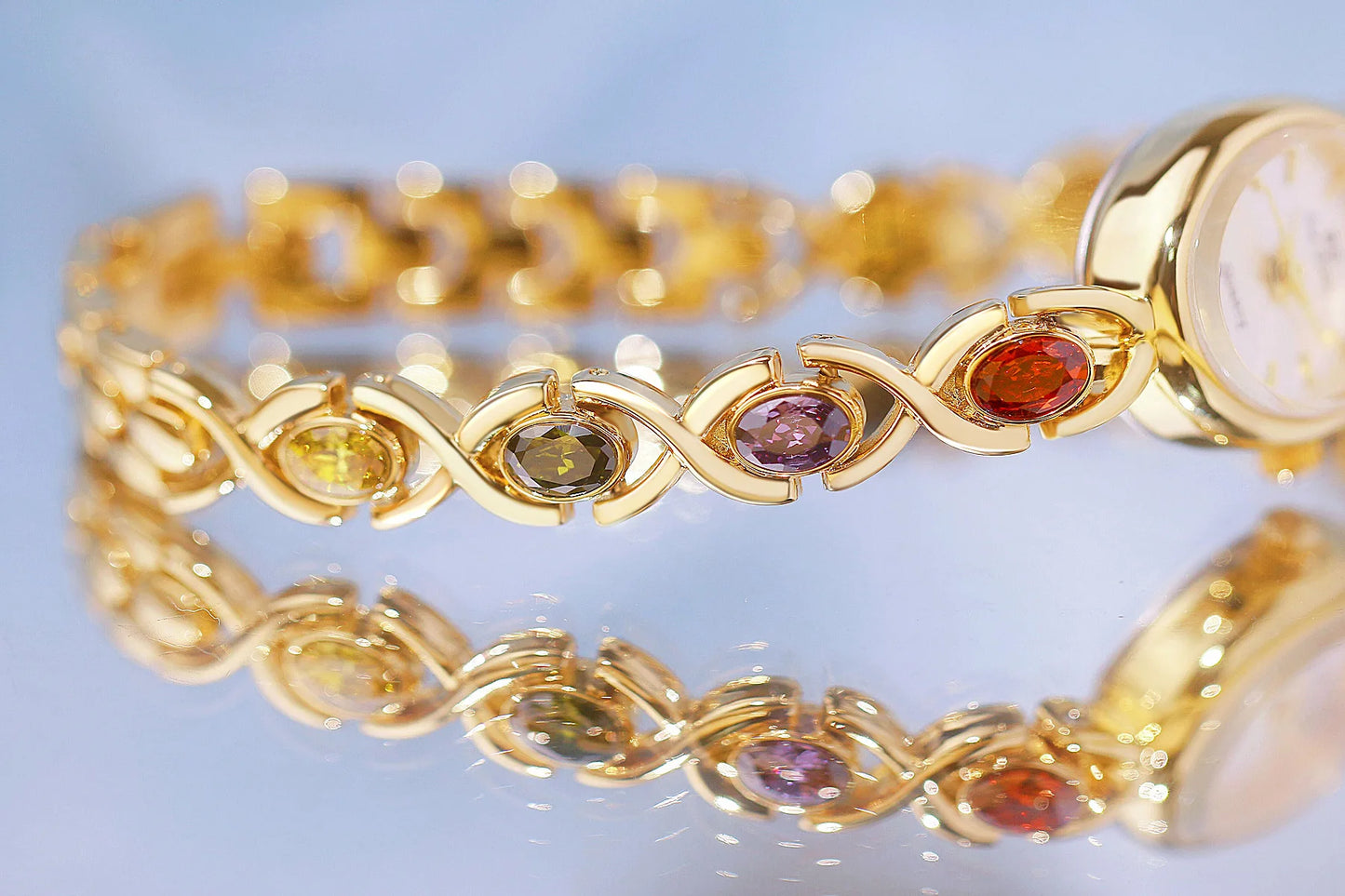 Women's Oval Rainbow Gem Light Luxury Wristwatch Fashion Elegant Waterproof Bracelet Watch Exquisite Small Clock Reloj V43